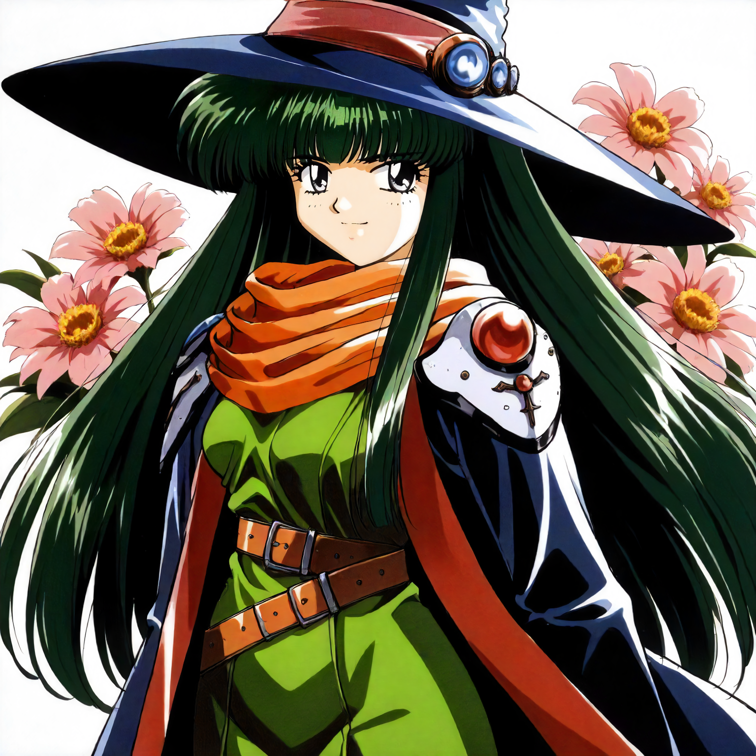 <lora:RC_masou_shizukaXLanimagine001>,
masterpiece,high score,great score,absurdres,
flower background,glitter,
smile,
looking at viewer,
solo,
anime coloring,retro artstyle,1990s (style),
masou_shizuka\(rance_series\),1girl,green hair,long hair,black grey eyes,
witch hat,
orange scarf,shoulder pads,blue coat,long_sleeves,green dress,short dress,belt,
cowboy shot,
standing,