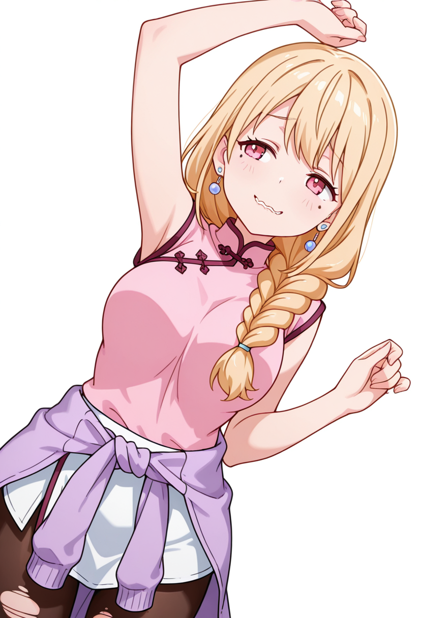 masterpiece,high quality details, absurdres,
 <lora:Yuriko:0.8>
yuriko_cnr, 1girl, blonde hair, long hair, single braid, pink eyes, mole, mole under eye,earrings,, simple background, white background, dutch angle,solo,, evil grin,wavy mouth,, =^=,, one arm raised vertically,neutral expression,focused gaze,, clothes around waist,qipao top,torn pantyhose,  ,var-legwear,