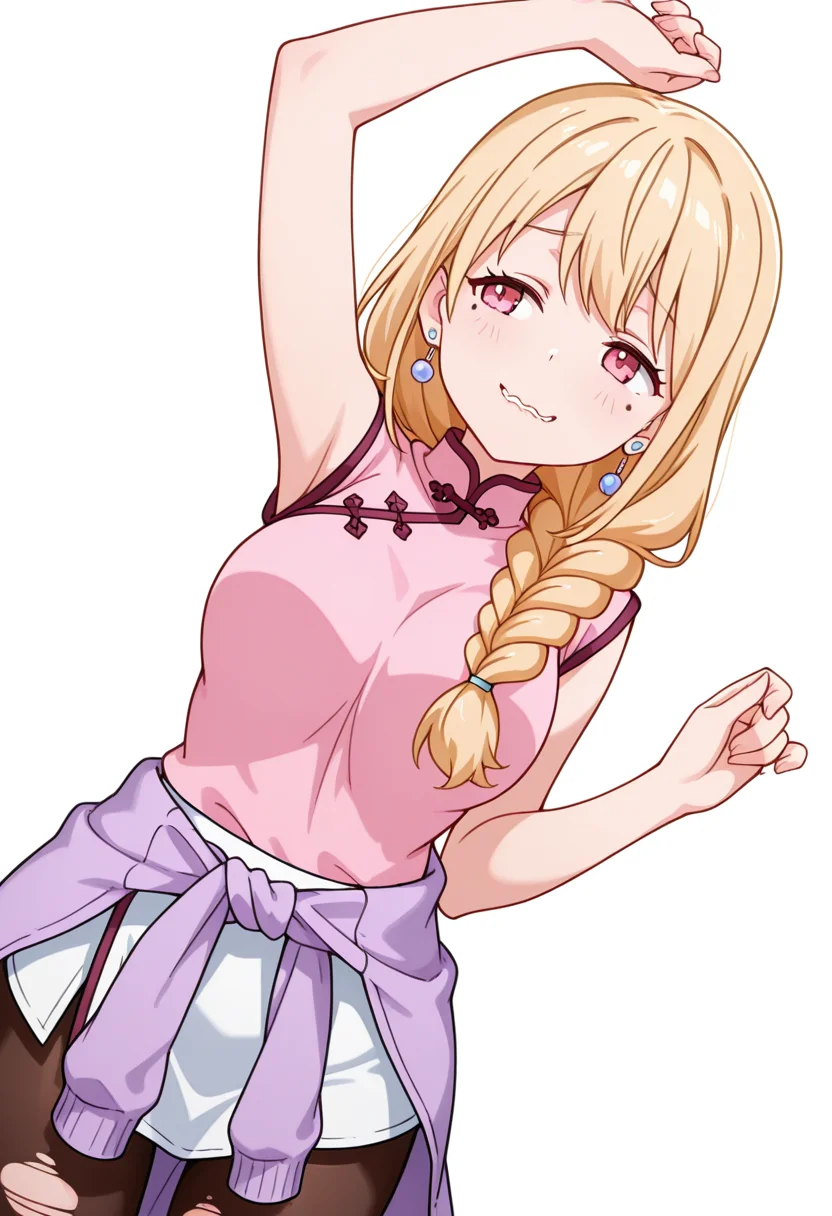 masterpiece,high quality details, absurdres,
<lora:Yuriko:0.8>
yuriko_cnr, 1girl, blonde hair, long hair, single braid, pink eyes, mole, mole under eye,earrings,, simple background, white background, dutch angle,solo,, evil grin,wavy mouth,, =^=,, one arm raised vertically,neutral expression,focused gaze,, clothes around waist,qipao top,torn pantyhose, ,var-legwear,