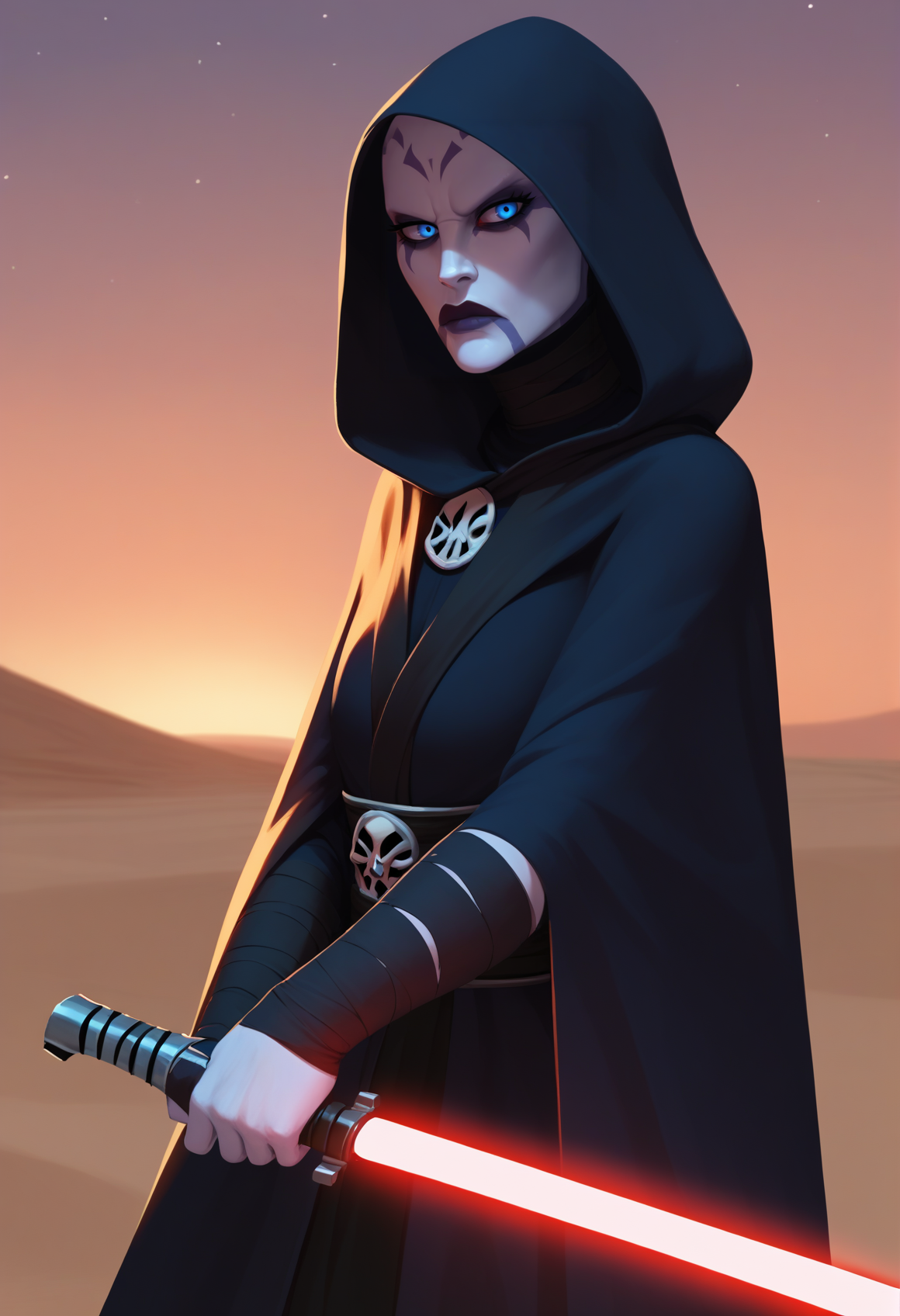 score_9, score_8_up, score_7_up, 1girl, solo, Asajj, blue eyes, grey skin, bald, facial mark, <lora:AsajjVentressPDXL_V1-Manityro-adamw:1.0>, outdoors, desert, dark, night, looking at viewer, serious, sith robes, black robes, hood, holding lightsaber, energy sword