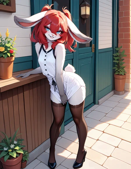 masterpiece, best quality, very aesthetic, absurdres,
outdoors,
full body, standing, posing,
casual,
seductive smile, parted lips, long eyelashes,
<lora:Naili_v01_NAIXL:1>
Naili,1girl,solo,furry,furry female, rabbit girl, rabbit ears, red hair, twintails, bangs, hair between eyes, blue eyes, snout, animal nose, buck teeth, body fur, white fur, rabbit tail,