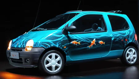 a renault twingo, koi fish neon lights glowing in water transparent lines dark black background chinese dragon more glow <lora:Twingo_SDXL:1>