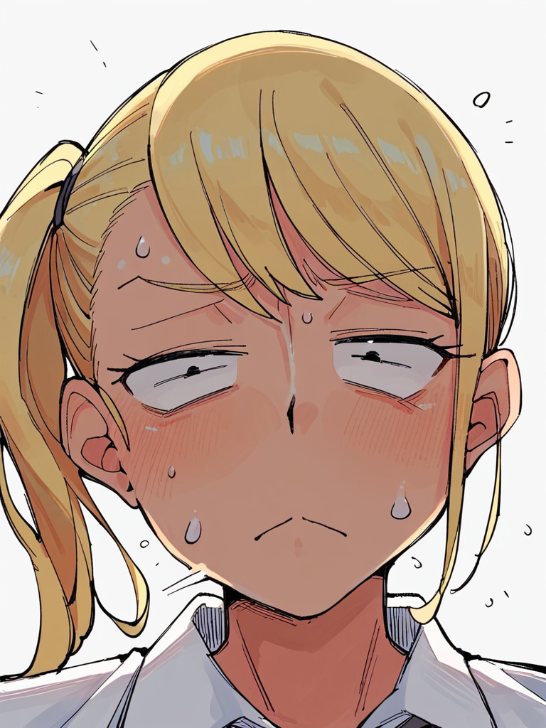 score_9, score_8_up, score_7_up,  
1girl,  blonde hair, side ponytail, tan, medium breasts, 

school uniform, white shirt, collared shirt,close-up, face, closed mouth, constricted pupils, narrowed eyes, frown, nervous, white background, looking at viewer, black eyes, sweat,