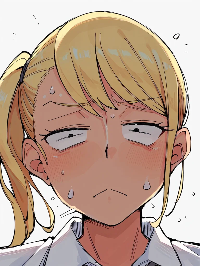 score_9, score_8_up, score_7_up,
1girl, blonde hair, side ponytail, tan, medium breasts,
school uniform, white shirt, collared shirt,close-up, face, closed mouth, constricted pupils, narrowed eyes, frown, nervous, white background, looking at viewer, black eyes, sweat,