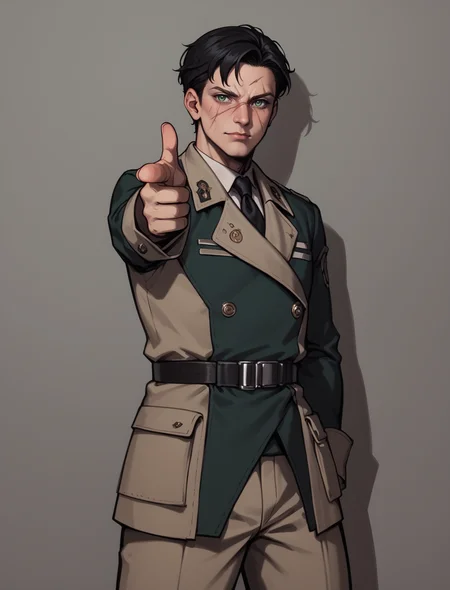 score_9, score_8_up, score_7_up, source_anime BREAK (1boy),male, male focus,mature, finger gun, pointing at viewer,<lora:Fingergun_XLPD:1.2>, black hair, short hair,scars, green eyes, detailed eyes,angular and chiseled,enclaveuni,wearing uniform, <lora:Fallout_-_Enclave_Officer_UniformPONY:0.7> , night, dim lighting, dark theme, against wall, <lora:Galactic:0.7>