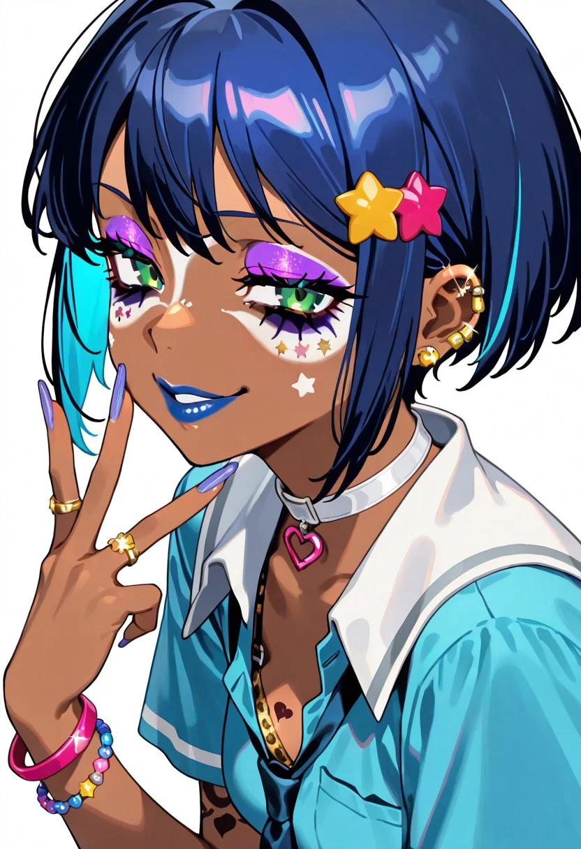 masterpiece, best quality, 32k, high resolution, masterpiece, best quality, amazing quality, very aesthetic, absurdres, newest, yoneyama mai, yukiyoshi mamizu, rei \(sanbonzakura\), (erere:0.3)
1girl, solo, portrait, (close-up, face focus),
neon hair, highlights, dark-skinned female, dark skin, large tattoos, BREAK, (yamanba, white facepaint makeup), star stickers under eyes, smile,  purple eyeshadow, accessories, long nails, golden piercings, bracelets, choker,jewelry, neon highlights,hair ornament, 
source_vanillaware, 
leopard print, bra straps, v, hand on own mouth,
glittery lips, faint lips, full lips, large lips, bimbo, dark  blue lips,
LeahIL, Leah Unicorn Overlord,
green eyes, dark blue hair, sidelocks, short hair, small breasts,
white collar, 
 blue shirt, school uniform, pleated skirt, ,naughty smirk,
 heart bracelets, heart tattoos, heart choker,