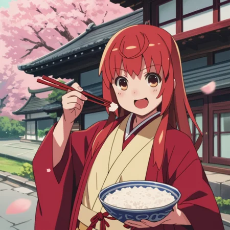 score_9, score_8_up, score_7_up, <lora:Buratei_Marii_v1:0.8> buratei_marii, red haori, yellow kimono, cherry blossom, bowl of rice, chopsticks, happy,