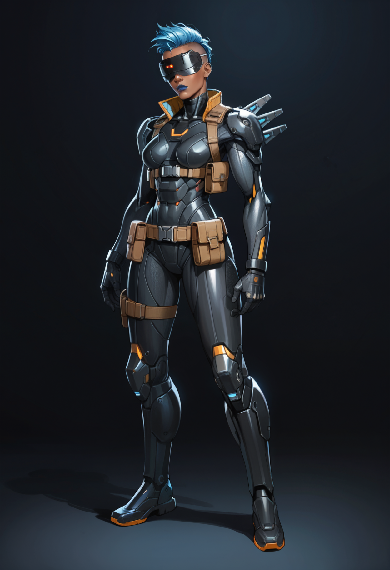score_9,score_8_up,score_7_up,score_6_up,1girl,solo,dark background,black bodysuit,science fiction,blue hair,mohawk,belt pouch,armor,dark-skinned female,no eyes,hidden eyes,shoulder spikes,visor,blue lips,black gloves,cyborg,mechanical legs,medium breasts,boots,full body,       <lora:MyTrainings\Temp\Mad_Maggie_Outlawed_Tech_XL_Pony_ARZUMATA-000009.safetensors:0.5>