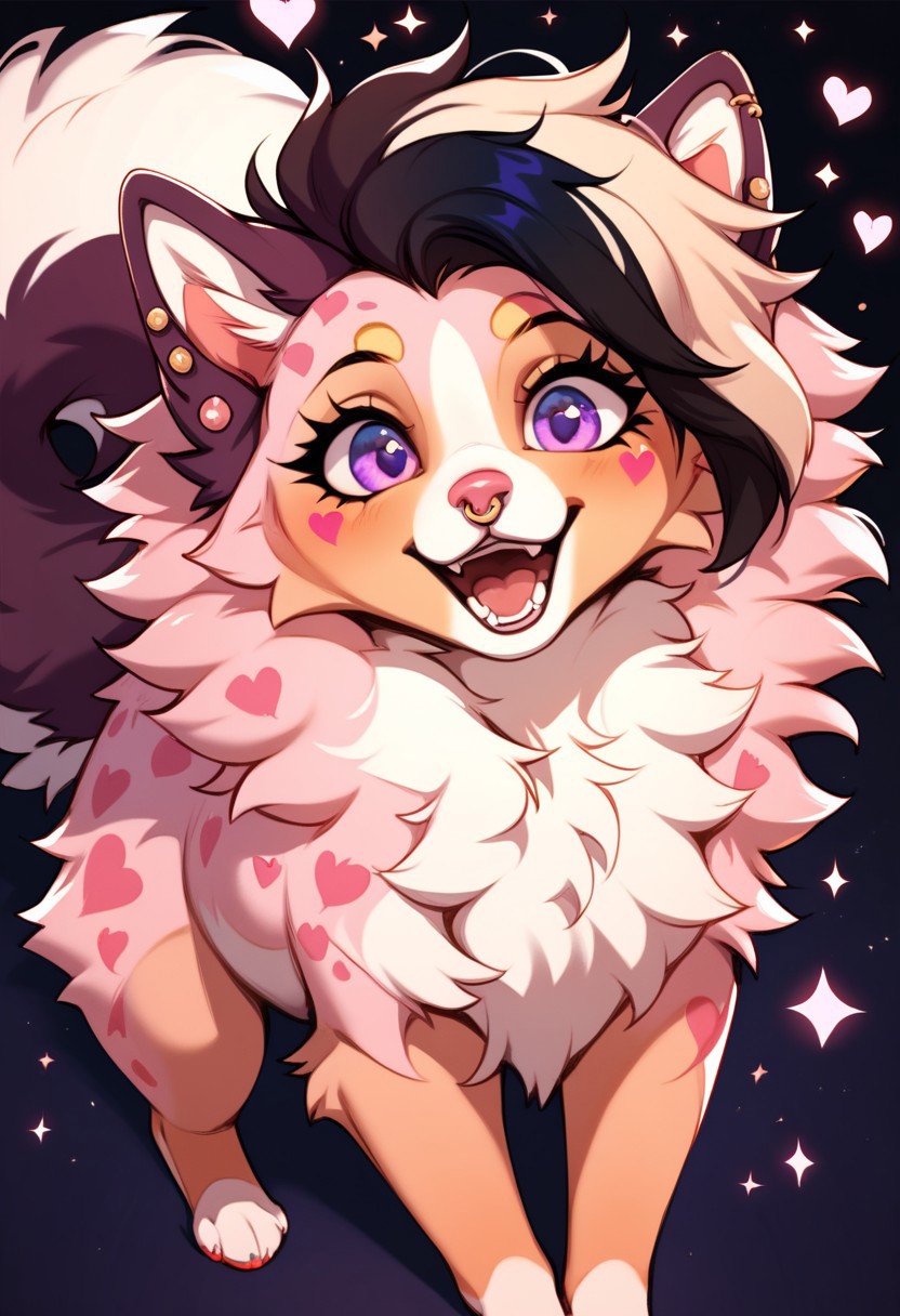 score_9, score_8_up, score_7_up, score_6_up, score_5_up, score_4_up, solo, rating_safe,
1girl (Sunni, pomeranian, dog, spitz, feral, pink fur, cream fur, white fur, dark brown tail tip, one tail, fluffy tail, heart markings, pointed ears, thick fur, long tail, short muzzle, eyelashes, inner ear pink, pink nose, ear piercing, cartilage piercing, arrow-shaped earring, nose piercing, nostril piercing, metal piercing, pointed earring, two-tone hair, white and black hair, bi-color hair, purple eyes, open eyes, open mouth, happy, looking at viewer), masterpiece, insane quality, dark background with sparkles