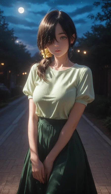 <lora:LCMTurboMix_Euler_A_fix:1> <lora:example_SDXL:0.3>, EZRealPONYXL, <lora:Dramatic Lighting Slider:3> <lora:realistic filter [IL]:1>
DSLR,realistic,cosplay photo, (very awa,masterpiece,best quality,year 2024,newest,absurdres,highres:1), realistic,skin texture,facial features, photography shot with Canon EOS 5D Mark IV , realistic, RAW, best quality, masterpiece, amazing quality, skin details,
highly detailed beautiful face, large natural breasts,
detailed background, shiny skin, dutch angle, night, moonlight,
beautiful detailed eyes, intricate details, absurdres,
artist: onono imoko, artist: taesi,
newest, masterpiece, best quality, 4k,ultra detail, 
outdoors, very aesthetic, detailed background, 
1girl, solo,  <lora:Kotono Shiunji:1> k0tono, black hair, long hair, hair over one eye, yellow eyes, hair scrunchie, blush,green shirt, short sleeves, puffy sleeves, dark green skirt,