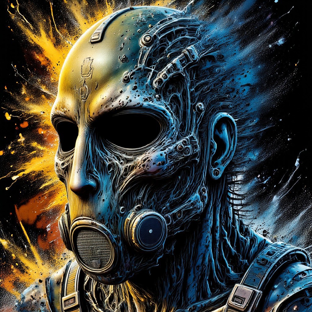 Zombie soldier wearing a biohazard gas mask, black and gold filigree, navy and gold vapor swirls, details in details