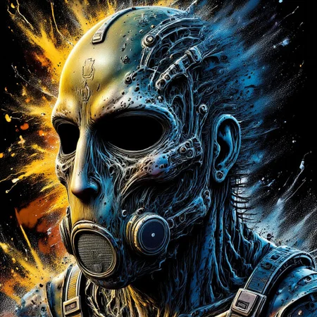 Zombie soldier wearing a biohazard gas mask, black and gold filigree, navy and gold vapor swirls, details in details