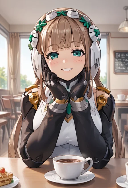 score_4,score_5,score_6,score_7_up,score_8_up,score_9 ((masterpiece,best quality,ultra detailed,highres,HD,4k:1.2)),
1girl, solo,solo focus,girl focus,face focus,
robo girl,android,robot joints,
very long hair,brown hair,low twintails,bangs,green eyes,head gear,head ornament,helmet,large breasts,
indoor, cafe, sitting,((pov date, across table pov, across table)), Coffee on the table,hand, right_hand,right_hand touching face, left_hand, left_hand on table, left_hand placed horizontal, happy,smile,blush,