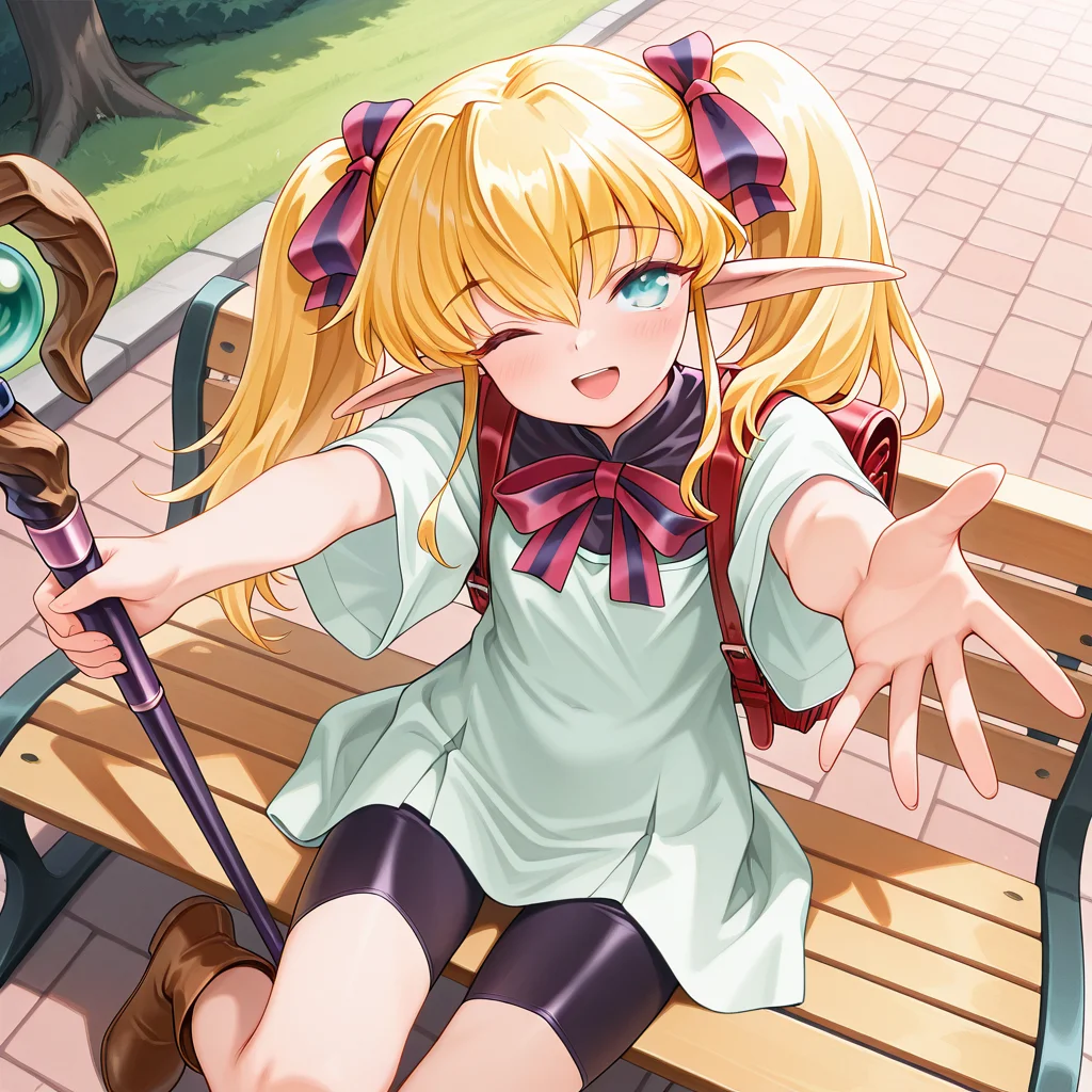 1girl,solo,<lora:IL_Collet_Brause_Pastel_Chime:1>,pc_cb,Collet Brause,elf,pointy ears,blonde hair,twintails,hair ribbon,sidelocks,
dutch angle,foreshortening,fantasy,looking at viewer,outdoors,
bowtie,bike shorts,school dress,brown boots,red backpack,
long staff,holding staff,sit on park bench,looking up,blush,one eye closed,head tilt,reaching towards viewer,open smile,soles,feet togeher,, masterpiece,best quality,amazing quality,very aesthetic,absurdres,