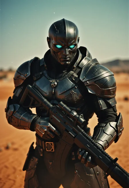 Evil Extreme helmet Closeup of an Action Scene shot of a dark, menacing towering mechanical hkstyle knight in the heat of an intense, action-packed battle, captured with the gritty realism of an old analog camera. The hkstyle knight's intricately designed, battle-worn helmet reflects the eerie glow of his weapon—a massive, high-tech pulse rifle. The barrel of the rifle hums with dark energy, gathering ominously at its muzzle, where a glowing orb of dark blue and translucent turquoise light pulses with immense, destructive power. The energy pulses down the length of the rifle, creating a series of rhythmic flashes that cast a sinister glow over the knight’s helmet and armor, creating stark contrasts between light and deep shadows.
In his other hand, the knight steadies the advanced rifle, its surface adorned with sleek, angular patterns and glowing energy conduits that pulse with each charge. The pulse rifle emanates a sense of overwhelming power, as if designed for devastating destruction, adding to the terror of his presence. The flashes from the weapon throw the intricate details of the knight’s armor into sharp relief, casting long, flickering shadows across the barren battlefield of the Lone Desert amidst swirling sands.