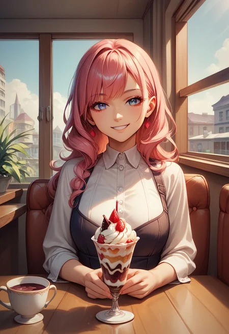 score_9, score_8_up, score_7_up,CONCEPT_PovDating_ownwaifu, 1girl, cup, smile, window, looking at viewer, indoors, pov across table, cafe, sitting, parfait, food, ice cream, upper body, chair, saucer, pov dating,