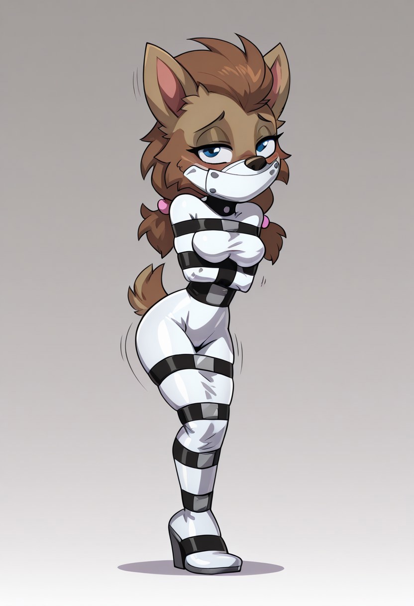 Winnie_The_Wolf,
Bondage Suit, Encasement, Bound,
 ((masterpiece, best quality, amazing quality, very aesthetic, absurdres, newest,))
young body, shortstack, short, slender body, petite, small, short legs, skinny legs, minuscule body, tiny, ((medium breasts)), petite body, seductive face,  slutty eyes,