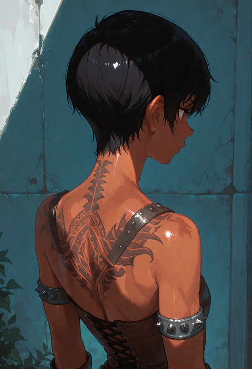 masterpiece, best quality, newest, absurdres, highres, anime, anime style, Brand-Of-Sacrifice-IL, 1girl, casca_(berserk), dark-skinned female, short hair, chest tattoo,