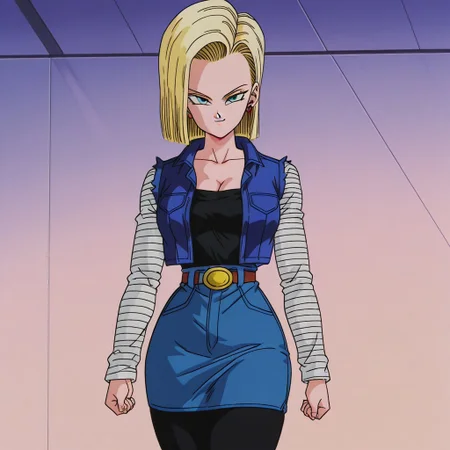 dbstyle, screencap, best quality, android_18, blonde hair, 1girl, solo, blue eyes, , blonde hair, shirt, blue eyes, belt, black leggings, cleavage, collarbone, denim, denim skirt, high-waist skirt, jewelry, long sleeves, pocket, shirt, shirt tucked in, skirt, striped, striped sleeves, blue denim waistcoat, thick thighs, wide hips,
standing, looking at viewer, dynamic pose, swiping hair behind ear, smirk,