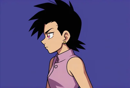 ((flat colour)), 1girl, solo, short hair, black hair, pink eyes, from side, earrings, scouter, saiyan armor, pink leotard, sleeveless, white gloves,
