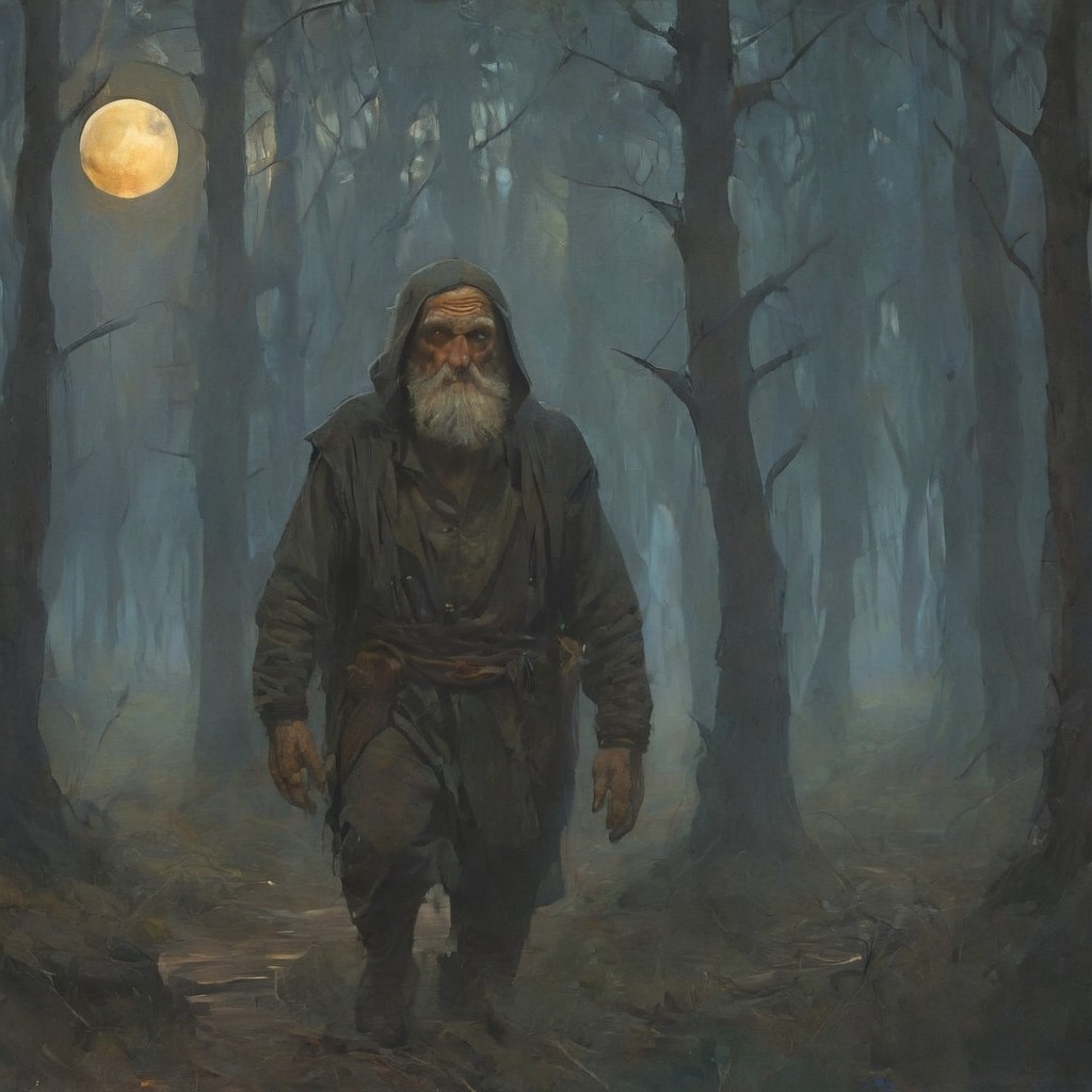 a wide path in the forest, along which three people were walking sedately. In the middle was a gray, shaggy old man with a long, unkempt beard and bushy eyebrows, he was walking, leaning on a crooked wooden stick. The old man's gaze was heavy, piercing. The entire composition seemed to be built around the old man, and the other two characters looked secondary. On the right was a woman with a pale, doll-like face, half hidden by a veil. The woman in the painting had an indifferent, almost bored look. She walked slightly to the side of her companions, not looking at them, but casting a glance somewhere into the dark thickets. On the left was a tall, broad-shouldered man in a suit with his head wrapped in canvas. Two full moons hung in the evening or morning sky. The painting creates a gloomy, repulsive impression. The trees were leafless. digital painting, Vintage Horror, detailxl