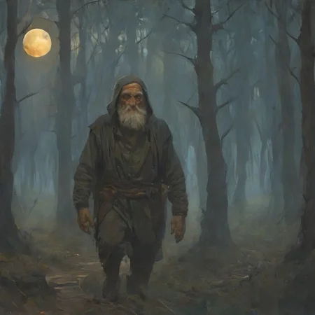 a wide path in the forest, along which three people were walking sedately. In the middle was a gray, shaggy old man with a long, unkempt beard and bushy eyebrows, he was walking, leaning on a crooked wooden stick. The old man's gaze was heavy, piercing. The entire composition seemed to be built around the old man, and the other two characters looked secondary. On the right was a woman with a pale, doll-like face, half hidden by a veil. The woman in the painting had an indifferent, almost bored look. She walked slightly to the side of her companions, not looking at them, but casting a glance somewhere into the dark thickets. On the left was a tall, broad-shouldered man in a suit with his head wrapped in canvas. Two full moons hung in the evening or morning sky. The painting creates a gloomy, repulsive impression. The trees were leafless. digital painting, Vintage Horror, detailxl
