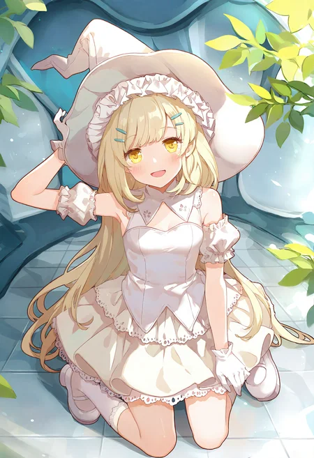 1girl, 
solo, hat, gloves, white gloves, witch hat, looking at viewer, kneeling, long hair, hair ornament, short sleeves, blonde hair, skirt, white skirt, tiles, puffy sleeves, tile floor, detached sleeves, blush, white headwear, leotard, hand on headwear, hairclip, puffy short sleeves, yellow eyes, white leotard, frills, open mouth, breasts, large hat, smile, small breasts, white footwear, socks, white socks, bare shoulders, very awa hime,
masterpiece, best quality, newest, absurdres, highres, safe
 <lora:Dhiea1_noob1.1-000177:1>