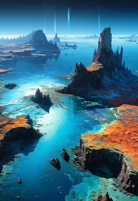 Aerial perspective, expansive panorama of a crystalline lagoon nestled amid iridescent rock formations and enigmatic bioluminescent forests. Futuristic island metropolis outlined along jagged, reflective shores, illuminated by ambient cosmic lighting and dynamic neon glows, intricate textures of layered sedimentary cliffs merging with surreal water reflections. Vast, dramatic vista characterized by a celestial sky, drifting nebular clouds, and hints of luminescent mist. Ultra high definition, 8K masterpiece quality, intricate cinematic framing, evocative color palette, ornate natural details and advanced urban design, breathtaking scale and spatial dynamism.