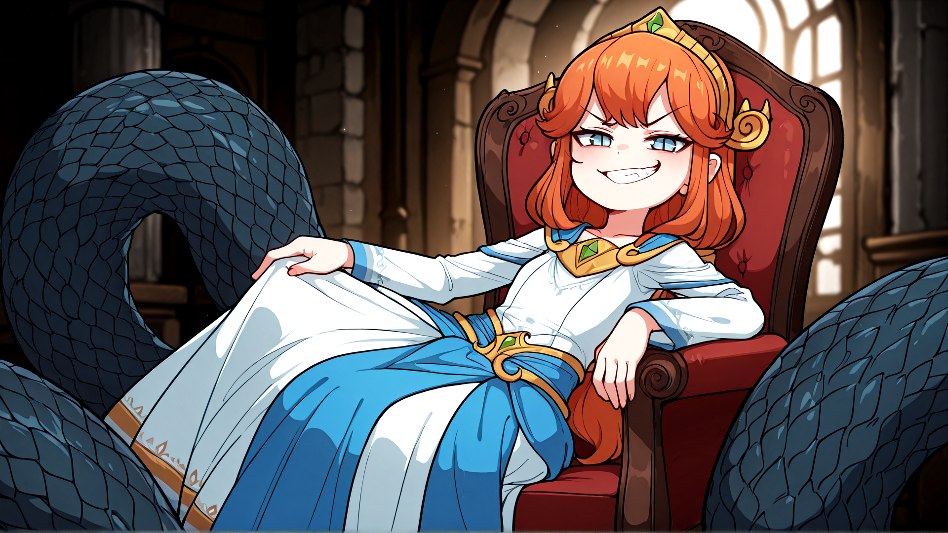 best quality, amazing quality, absurd res, best resolution, very aesthetic, 4k, latest, (Detailed face: 1.8), (detailed background:1.1) ,
 <lora:Scylla_Charybdis_Smite_for_Illustrious:1> (1girl, scylla, blue eyes, scylla_headwear, scylla_dress, scylla_monster, orange hair, long hair,) 
sitting in chair, 2 dog-dragons, looking at viewer, smirk, smug, grin, slit pupils,