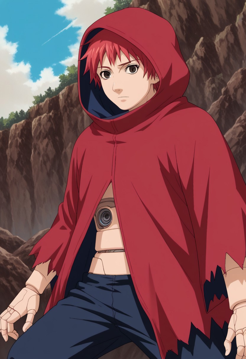 score_9, score_7_up, source_anime, 
sasori, 1boy, male focus, solo, brown eyes, red hair, top less male, joints, doll joints, puppet, pants, cloak, hood, hood up,
outdoor,