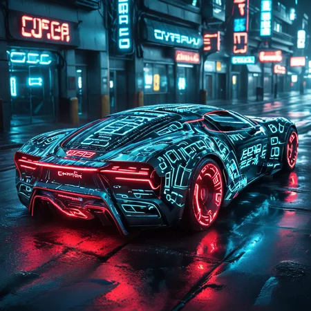 This photograph captures a futuristic, high-tech sports car,there is glowing text texture all over on the car with letters "cyberpunk" with a futuristic letter style,the car is likely a concept vehicle, parked on a wet, glistening street at night. The car's sleek, aerodynamic design is accentuated by intricate neon blue and red wireframe lines that outline its body, suggesting a cyberpunk aesthetic. The vehicle's headlights and taillights are glowing with a bright, pulsating blue light, while the rear lights are red, creating a striking contrast.,
<lora:glowing_letters_xl:0.8>