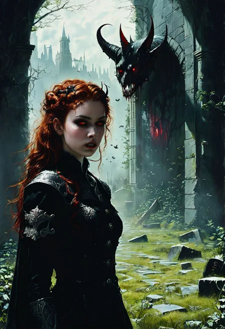 High resolution ultra-realistic of sinister Vampire warrior girl, Intricately Designed Shroud, A Vampire warrior girl clad in a black armor stands in a gloomy graveyard, head and shoulders portrait, wavy red hair, realistic red eyes, perfect athletic figure, handsome vampire pale bloody face, iconic vampire canine teeth, beautiful perfect detailed pupils, wet oily shiny skin, beautiful firm Breasts, defiant and seductive, 8k resolution concept art portrait by Greg Rutkowski, Dark Ages, Artgerm, WLOP, Alphonse Mucha dynamic lighting hyperdetailed intricately detailed Splash art trending on Artstation triadic colors Unreal Engine, 5 volumetric lighting, Cinematic Lighting, intricate, smooth, sharp focus digital painting, Asymmetrical Balance, hyperdetailed painting, dynamic lighting