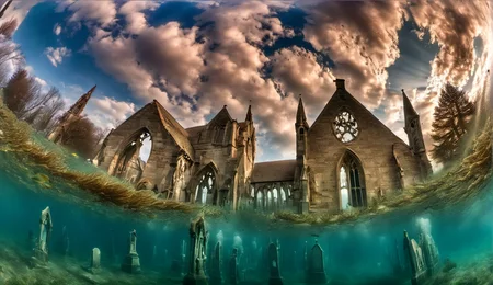 photo of underwater landscape, town, graveyard, <lora:underwatergothic:1>sc_uwg
