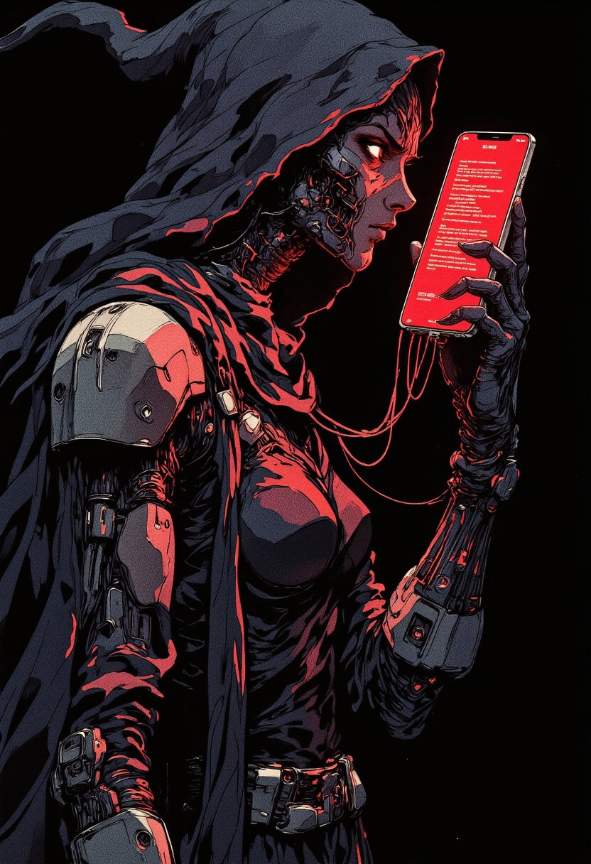 Flat colour ff-fbs style image, Slomesty, this image is a striking, high-contrast composition in deep matte black, blood-red highlights, and faint silver accents, evoking the tension of a silent, unseen predator. The Art Nouveau-inspired curves remain, but now they resemble the intricate, flowing etchings of a masterfully crafted blade, each line precise yet organic, forming a delicate balance between lethal intent and elegance. The elongated, stylized ninja is a shadow given form, clad in a skin-tight, segmented bodysuit of woven nanofibers, designed to absorb light and distort perception. The armor plating is minimal, strategically placed like the exoskeleton of an otherworldly predator, and her hood drapes low, merging seamlessly with the void. A single, glistening red streak marks her mask, the only break in her obsidian silhouette.
She hovers in mid-air, viewed from the side, her slender, clawed fingers delicately holding a sleek, glowing smartphone directly in front of where her face should be. The screen is deep crimson, casting ominous shadows over her concealed features. A faint, encrypted message scrolls across the display in an unknown language—her next target, perhaps, or the final words of an enemy already defeated. Thin, red-tinted wires extend from her fingertips, connecting to the phone’s surface like cybernetic nerves feeding directly into the device.
