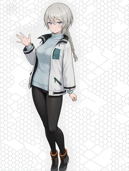masterpiece,best quality,newest,
1girl,solo,
<lora:ADELAIDE_BLUTHAUSEN_ilxl_v1.0:1>,a_bluthausen,grey hair,blue eyes,braided ponytail,
s_nase,white jacket,long sleeves,turtleneck sweater,black pants,ankle boots,
<lora:Fixhands_anime_bdsqlsz_V1:1>,face_focus,looking_at_viewer,full body,honeycomb_background,standing,light_blush,white_background,seductive_smile,waving,