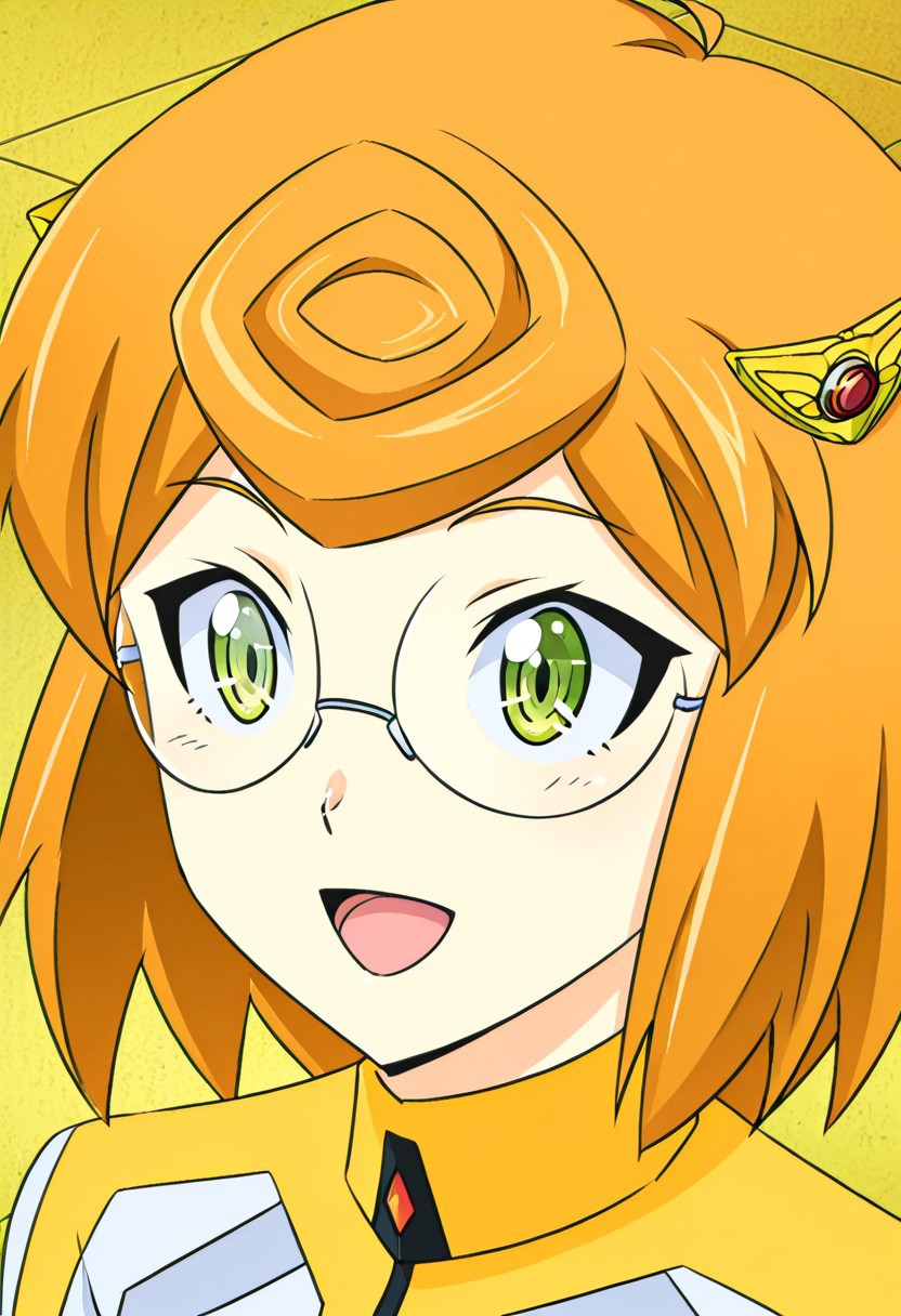 zPDXLx, mur4k4mi-ip,anime screencap, anime art style, super_detail, brave universe sworgrader,carly rize,character design,anime style,female character,short orange hair,glasses,curly forehead hair,green eyes,glasses,hair ornament,1girl,short hair,orange hair,open mouth,smile