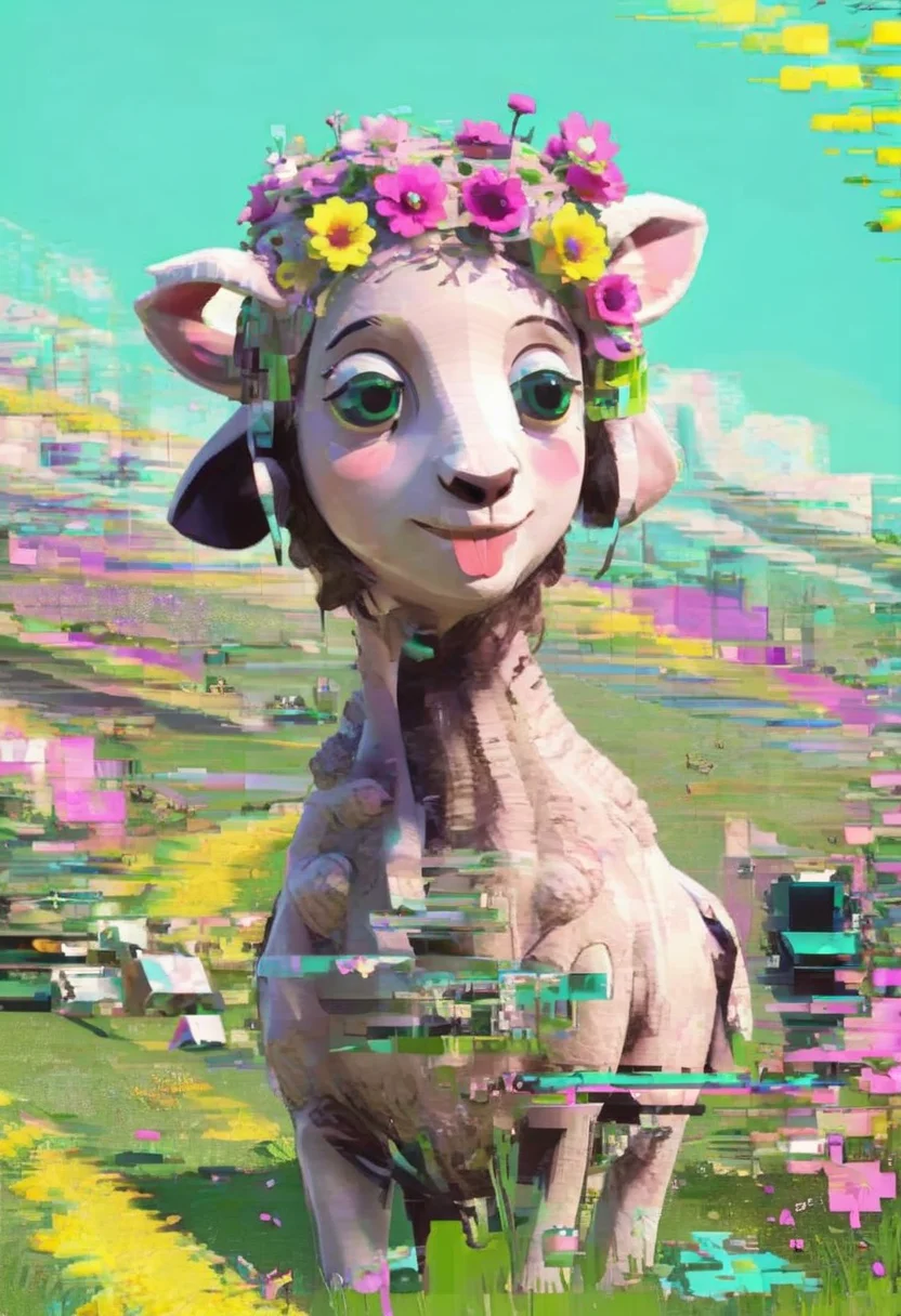 cute cartoon character, lamb enjoying springtime flowers, glitch art <lora:glitched-v1-extracted:1.3>