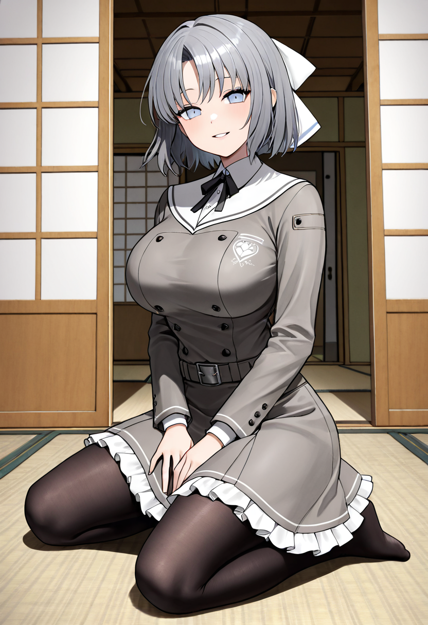 masterpiece, best quality, newest, absurdres, highres ,   <lora:YumiSenranKaguraIllustrious:0.9>,  YMISENRN, blue eyes, grey hair, hair bow, short hair, large breasts, school uniform, sailor collar,  grey skirt, frilled skirt, black pantyhose, smile, parted lips, looking at viewer, kneeling, hand on own lap, tatami, sliding, door, 1 girl ,solo,