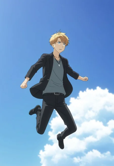 high resolution, professional photography, best quality, 1Boy, Yamato Ishida, blond hair, deep blue eyes, necklace, jump, free, clear sky, OverallDetail