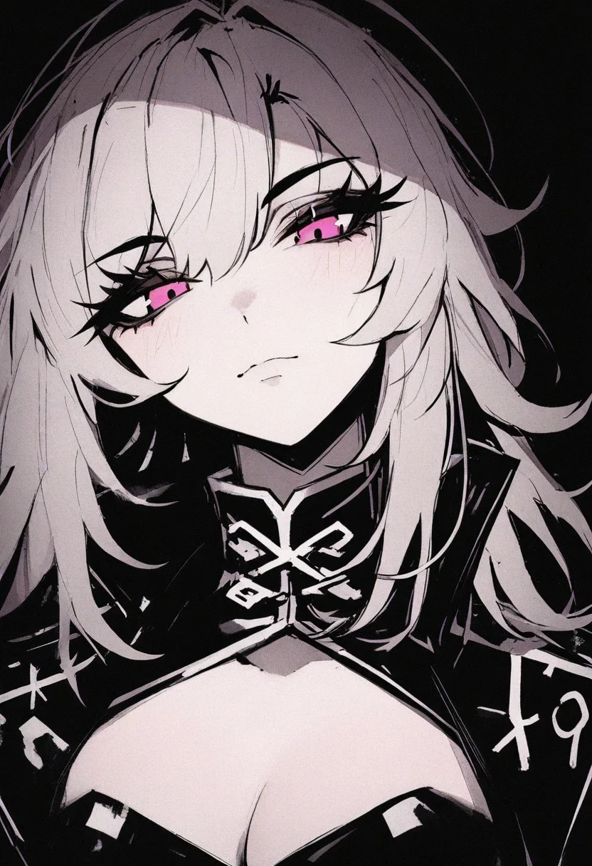 ,masterpiece,best quality,newest, <lora:Monochrome_Glamourv1:0.9> mcglam, monochrome, 1girl, pink eyes, full ,high collar shirt, cleavage, small breasts
