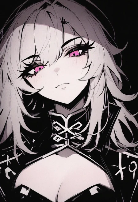 ,masterpiece,best quality,newest,  <lora:Monochrome_Glamourv1:0.9> mcglam, monochrome, 1girl, pink eyes, full ,high collar shirt, cleavage, small breasts