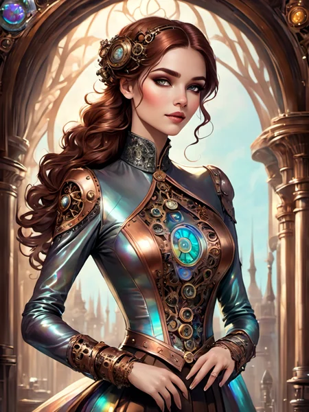 Steampunk style beautiful woman wearing an iridescent Long Sleeve Top, HD 209458 b planet, Stretching, <lora:xl_iridescent_clothing-1.0:0.8> . Antique, mechanical, brass and copper tones, gears, intricate, detailed