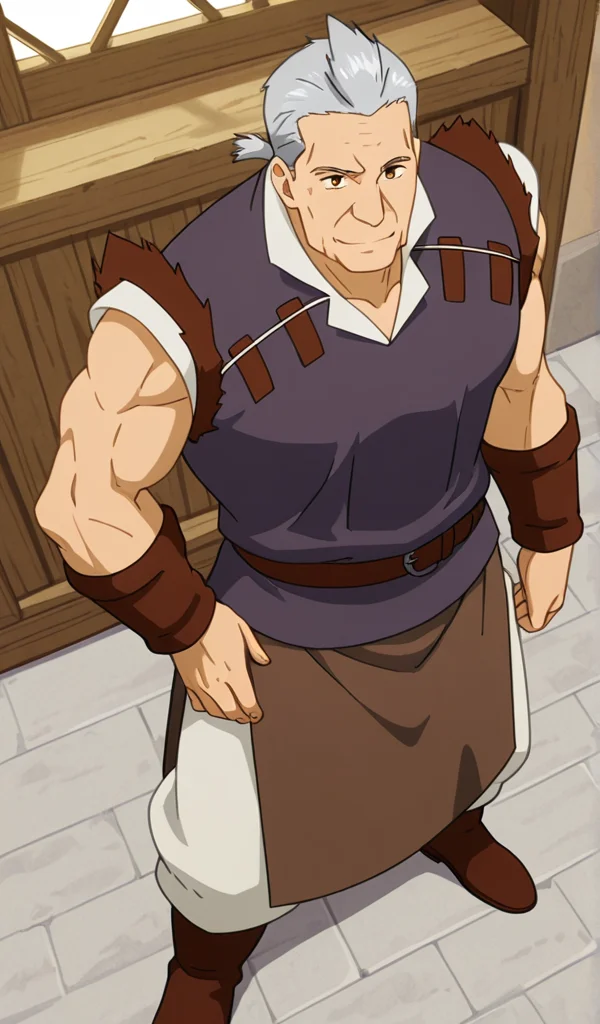 best quality, amazing quality, newest, perfect quality, best quality, highres, 1boy, old male, male focus, solo, detailed body, detailed face, detailed eyes,
Willem, silver hair, ponytail, brown eyes, old muscle male,
wearing sleeveless indigo tunic with torn leather shoulders, white undershirt, brown leather bracers, brown belt, long brown apron, white pants, brown boots,
looking at viewer, indoor, sedutive smile, sexy posing, from above