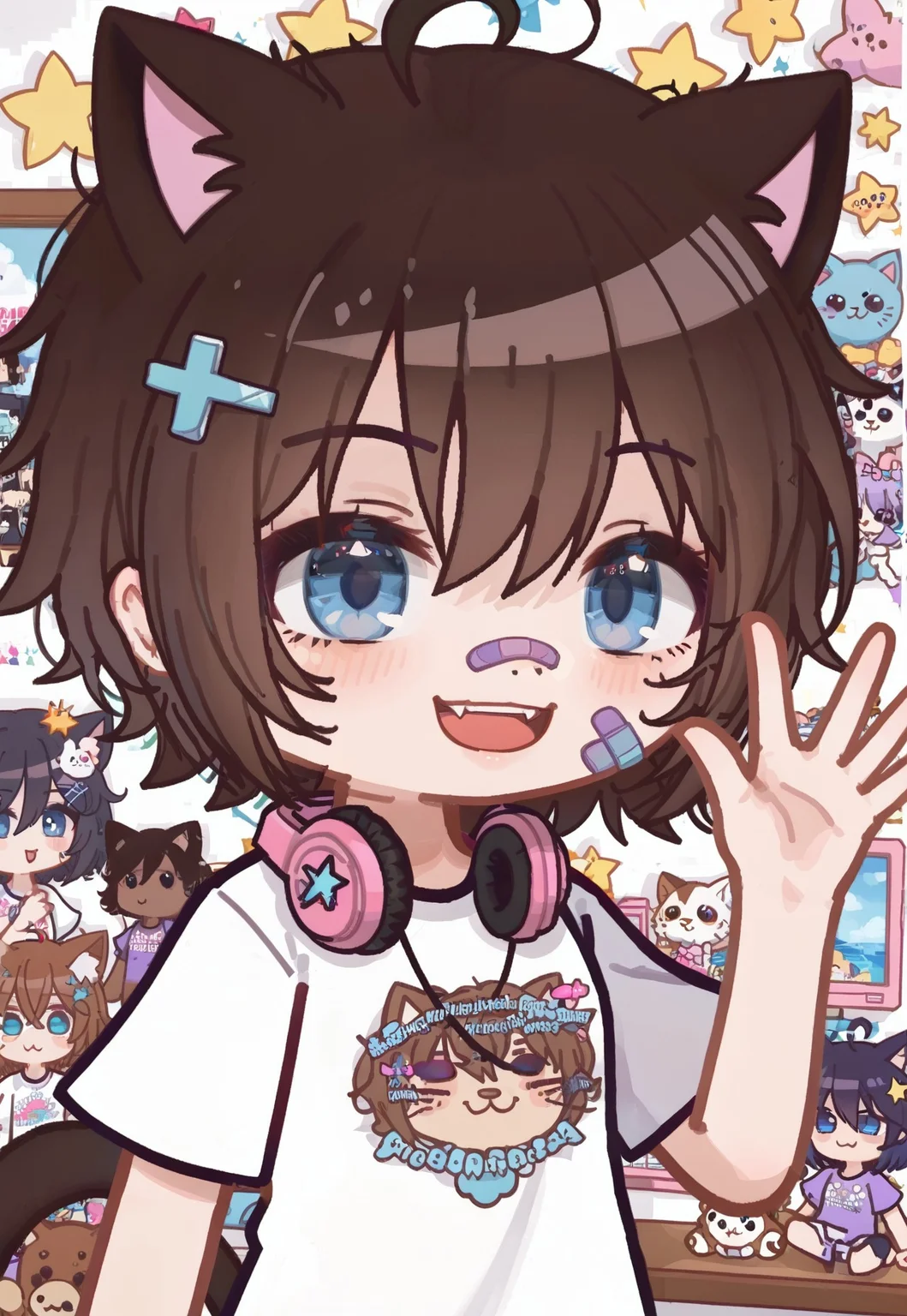 1girl, (cutecore, kawaiicore), 1990s (style), halfbody, closeup, cat girl, cat ears, cat tail, (virtual youtuber), short hair, (messy hair), hair between eyes, dark chestnut brown hair, narrowed eyes, ocean blue eyes, (jeweled eyes), winking, one eye closed, smile, bandaid, bandaid on face, bandaid on nose, bandaid on cheek, waving, palm facing viewer, (decora, decora kei fashion), y2k (fashion), white and neon pink emoji print t-shirt, short sleeves, hair ornament, (too many hairclips), neon hairclip, dark purple x hair ornament, black backwards baseball cap, headphones around neck, (detailed scenery, detailed background : 1.1), (messy neon girly bedroom), near computer desk, (stuffed toys, stuffed cat, messy bed, disheveled sheets, blankets, bookshelves, electronics, clutter, hikikomori, star (symbol), wink star)