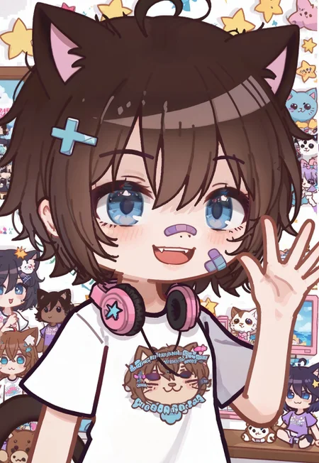 1girl, (cutecore, kawaiicore), 1990s (style), halfbody, closeup, cat girl, cat ears, cat tail, (virtual youtuber), short hair, (messy hair), hair between eyes, dark chestnut brown hair, narrowed eyes, ocean blue eyes, (jeweled eyes), winking, one eye closed, smile, bandaid, bandaid on face, bandaid on nose, bandaid on cheek, waving, palm facing viewer, (decora, decora kei fashion), y2k (fashion), white and neon pink emoji print t-shirt, short sleeves, hair ornament, (too many hairclips), neon hairclip, dark purple x hair ornament, black backwards baseball cap, headphones around neck, (detailed scenery, detailed background : 1.1), (messy neon girly bedroom), near computer desk, (stuffed toys, stuffed cat, messy bed, disheveled sheets, blankets, bookshelves, electronics, clutter, hikikomori, star (symbol), wink star)