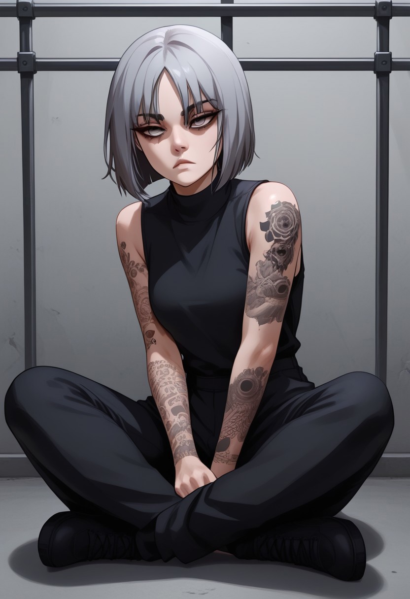 score_9, score_8_up, score_7_up, score_6_up, 1 girl, very light blue hair, almost gray hair, gray eyes, short hair, full body tattoos, t4ts, tattoos, tattoo, gangster tattoos, fit body, slim, medium breasts, sleeveless flannel, white flannel, black sports pants, on the jail, in a prison, sitting, rude face, rude, sitting thoughtful, goth girl, raven from dc, half closed eyes, black bags under her eyes,