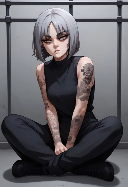 score_9, score_8_up, score_7_up, score_6_up, 1 girl, very light blue hair, almost gray hair, gray eyes, short hair, full body tattoos, t4ts, tattoos, tattoo, gangster tattoos, fit body, slim, medium breasts, sleeveless flannel, white flannel, black sports pants, on the jail, in a prison, sitting, rude face, rude, sitting thoughtful, goth girl, raven from dc, half closed eyes, black bags under her eyes,