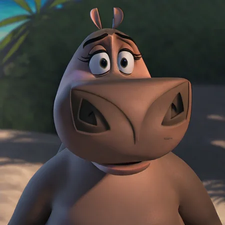 Gloria(character), hippo, female, plump, anthro, Smile, solo, outside, tropical beach, Upper body,