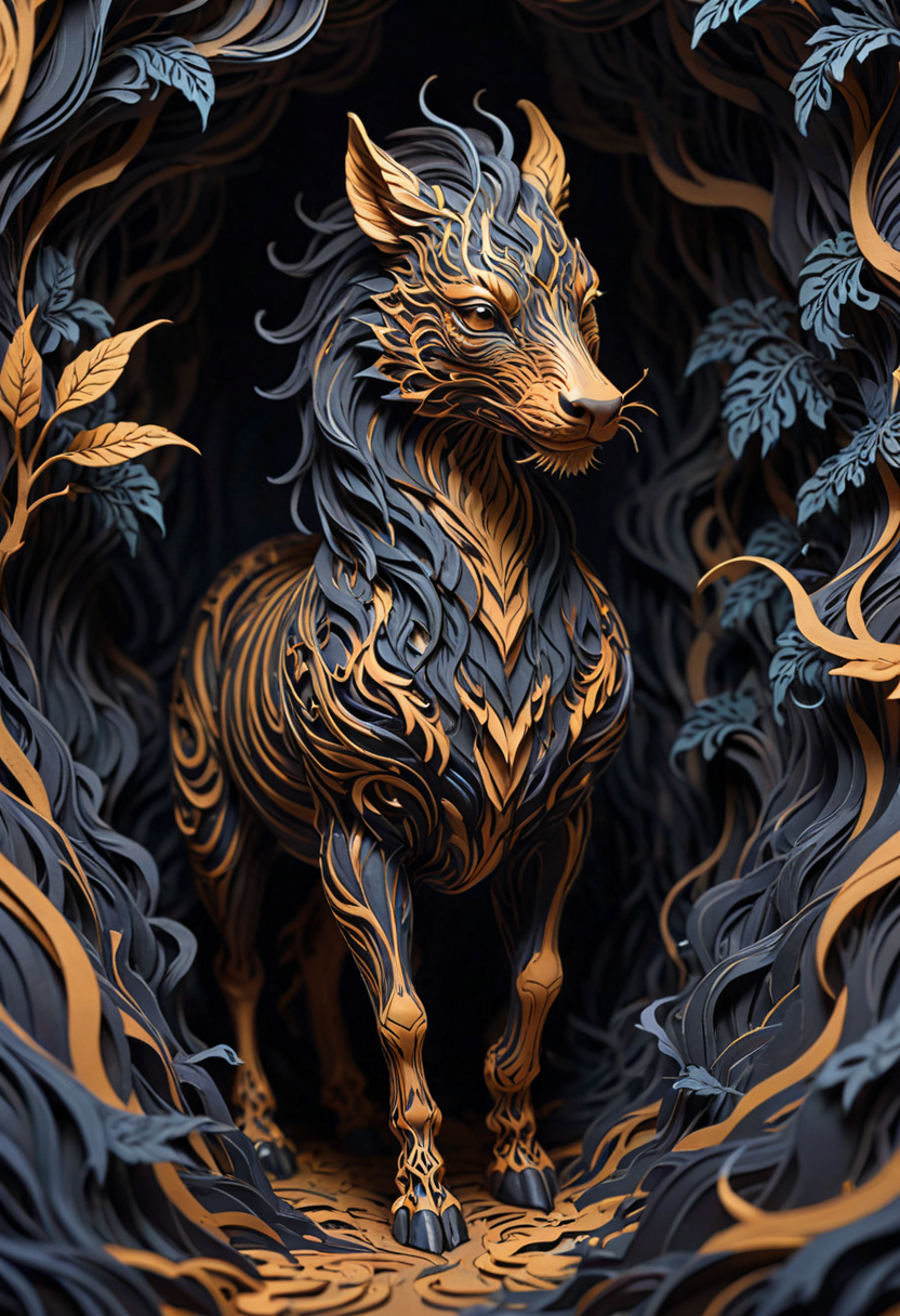 Thick layered papercut art of linquivera kylin, bold lines, hyper detailed, a dark warm limited palette, chiaroscuro, <lora:linquivera:0.8>, liiv1, . Deep 3D, volumetric, dimensional, depth, thick paper, high stack, heavy texture, tangible layers
