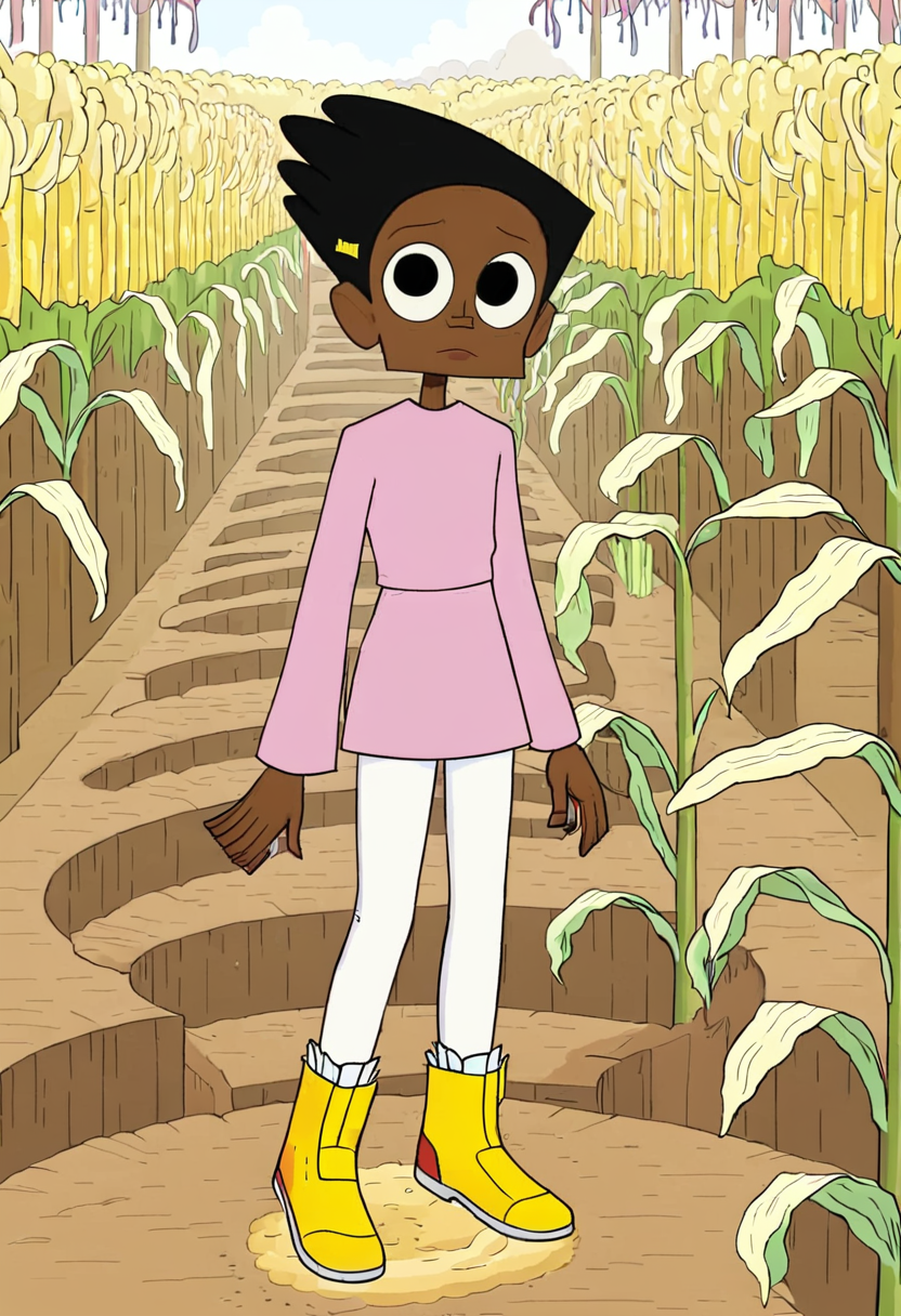 <lora:TwelveForever_Esther_XL:0.9>, esther \(regular\), full body, :i, esther, twelve forever, 1girl, solo, dark skin, short hair, black hair, black eyes, corn maze, masterpiece, best quality